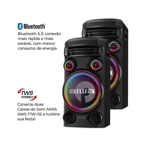 Caixa Amplificada AIWA Torre de Som T1W-02 , 1600W, Conexão USB, Bluetooth, RGB, AWS-T1W-02 | Preto - Image 9