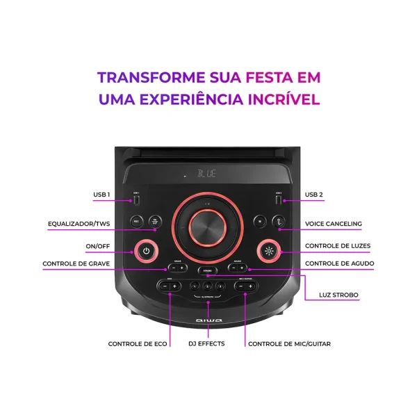 Caixa Amplificada AIWA Torre de Som T1W-02 , 1600W, Conexão USB, Bluetooth, RGB, AWS-T1W-02 | Preto - Image 8